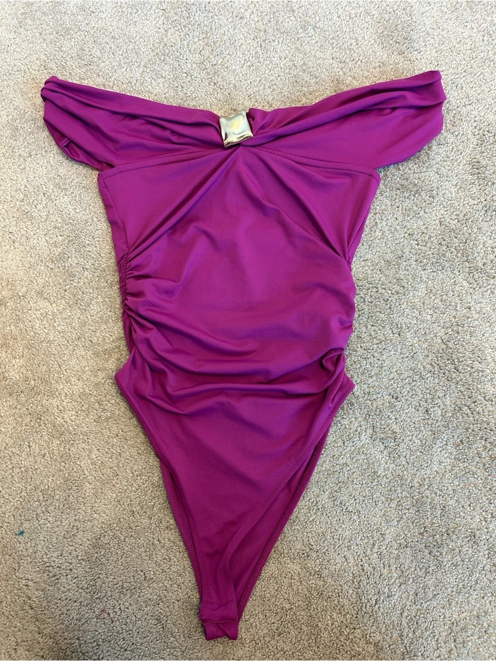 ZARA Magenta Off-the-Shoulder Ruched Bodysuit Gold Hardware Stretch Top Sz M